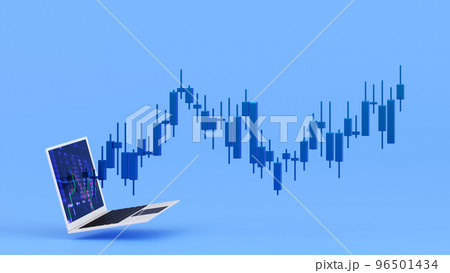 Notebook with trading candle stick, stock market crypto currency, investment, 3D rendering. 96501434
