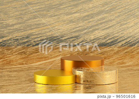 Gold cylinder podium display with gold, forms minimal scene, stage for product, 3d rendering 96501616