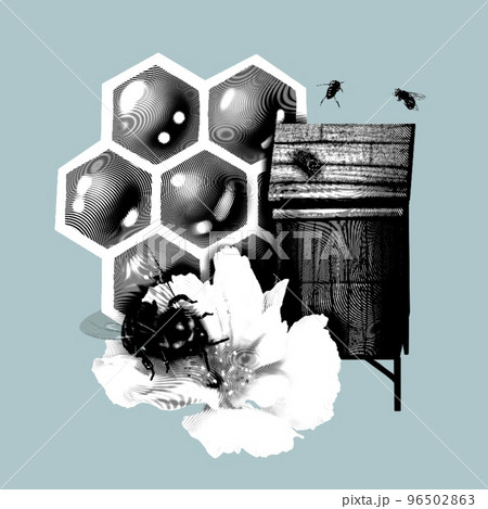 honey composition. graphic engraving realistic illustration of honey, flowers, honeycombs and bees 96502863