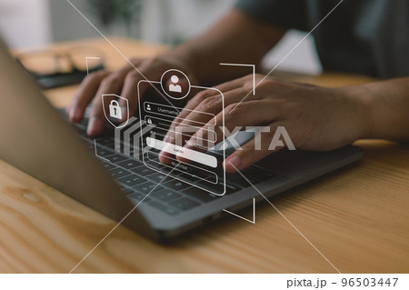 Cybersecurity and privacy concepts protect data. Businessmen protecting personal data on laptops and virtual interfaces. Lock icon and internet network security technology. 96503447