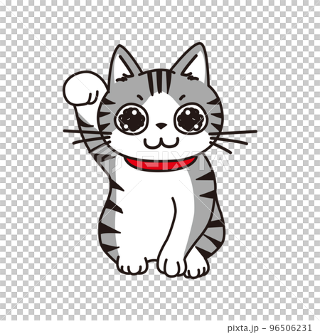 招き猫のポーズをするキラキラした瞳のサバトラ猫 96506231