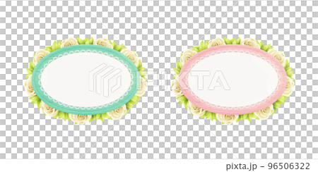 oval wooden frame in pastel colors with lace and flowers 96506322