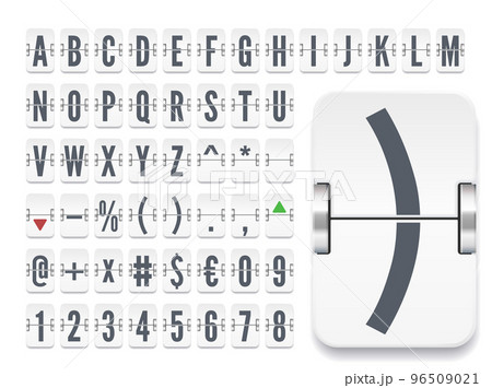 White scoreboard abc font with numbers for stock exchange rates or flight departure information. Airport terminal mechanical flip board alphabet vector illustration on white background White scoreboard abc font with numbers for stock exchange rates or flight departure information. Airport terminal mechanical flip board alphabet vector illustration on white background 96509021