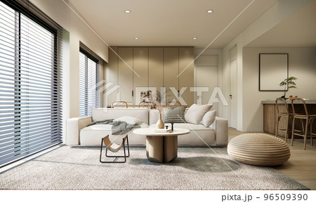 3d rendering modern style living room interior design and decoration with white fabric sofa and pillows grey capet round coffee table dining table and chairs and built in cabinet and island counter. 3d rendering modern style living room interior design and decoration with white fabric sofa and pillows grey capet round coffee table dining table and chairs and built in cabinet and island counter. 96509390