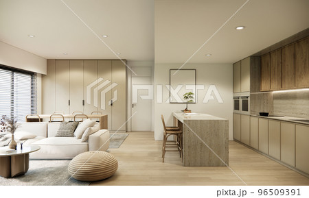 3d rendering mockup modern room interior design and decoration in beige and earth tone furniture and wall color parquet floor, built in kitchen counter and cabinet. 3d rendering mockup modern room interior design and decoration in beige and earth tone furniture and wall color parquet floor, built in kitchen counter and cabinet. 96509391