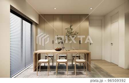 3d rendering minimal style dining room interior design and decoration with wooden table and chairs blinds window grey carpet and wood parquet floor. 96509392