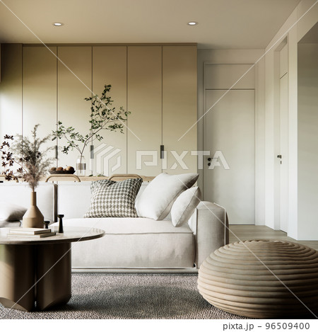 Modern style interior living room design and decoration in earth tone and beige color funiture and wall fabric sofa round coffee table. 3d rendering. 96509400