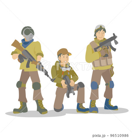 サバイバルゲームの開始を待つ3人のチーム サバイバルゲームの開始を待つ3人のチーム 96510986