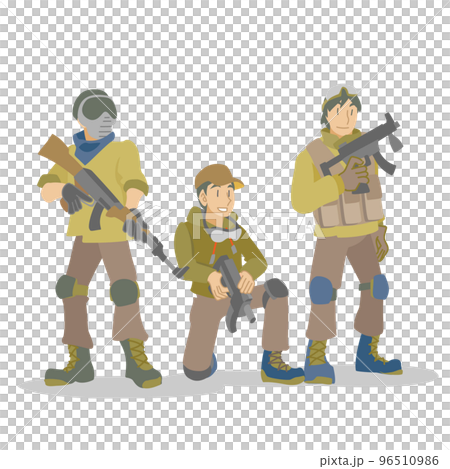 サバイバルゲームの開始を待つ3人のチーム サバイバルゲームの開始を待つ3人のチーム 96510986