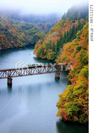 只見線 秋早朝の第三只見川橋梁を渡る1両編成列車「キハ110系」(福島県三島町、11月) 只見線 秋早朝の第三只見川橋梁を渡る1両編成列車「キハ110系」(福島県三島町、11月) 96511273