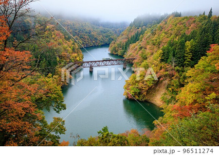 只見線 秋早朝の第三只見川橋梁を渡る1両編成列車「キハ110系」(福島県三島町、11月) 只見線 秋早朝の第三只見川橋梁を渡る1両編成列車「キハ110系」(福島県三島町、11月) 96511274