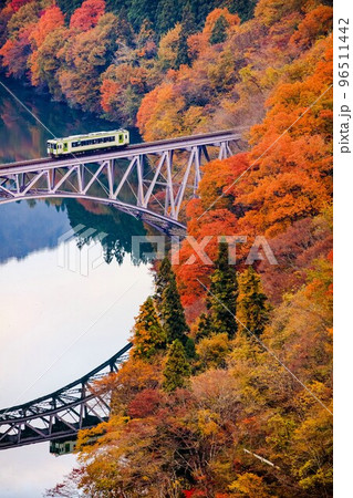 只見線　秋の第一只見川橋梁を渡る列車「キハ110系」(福島県三島町、11月) 96511442