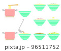 調理済みインスタントラーメンと具材のイラストセット（素ラーメン、ネギ、ハム、卵、カレー、野菜） 96511752