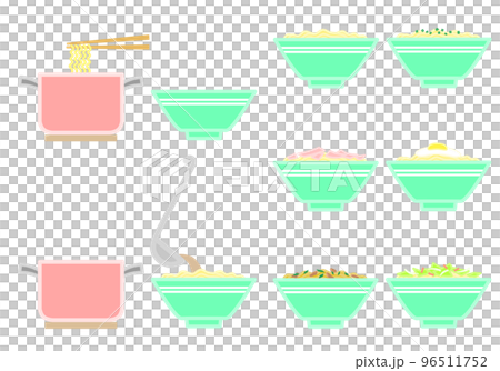 煮熟的方便麵和配料的插圖集(基本拉麵、大蔥、火腿、雞蛋、咖哩、蔬菜) 煮熟的方便麵和配料的插圖集(基本拉麵、大蔥、火腿、雞蛋、咖哩、蔬菜) 96511752