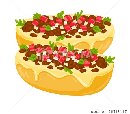 Cartoon Molletes Mexican food vector illustration. Traditional Mexican Cuisine. Molletes with sauce, beans and cheese isolated on white background. 96513117