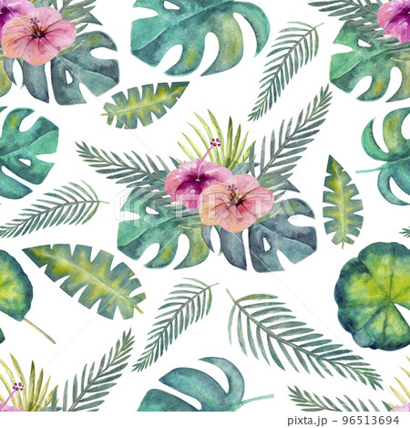Seamless pattern with watercolor tropical leaves and flowers Seamless pattern with watercolor tropical leaves and flowers 96513694