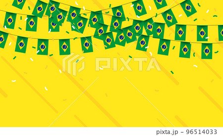 Brazil celebration bunting flags with confetti and ribbons on yellow background. Brazil celebration bunting flags with confetti and ribbons on yellow background. 96514033