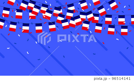 France celebration bunting flags with confetti and ribbons on blue background. 96514141