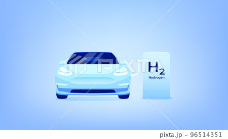 Hydrogen car and energy refill. Hydrogen filling station. vector 96514351