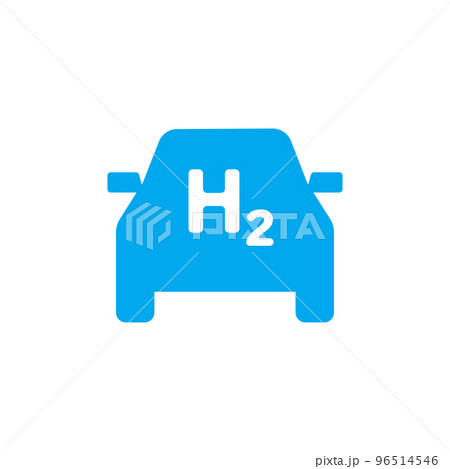 Hydrogen car icon. Blue silhouette of the car with H2 letters. Gas fuel automobile. vector Hydrogen car icon. Blue silhouette of the car with H2 letters. Gas fuel automobile. vector 96514546