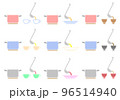 両手鍋から汁物をお玉で食器に注ぐイラストセット（スープ、味噌汁） 96514940