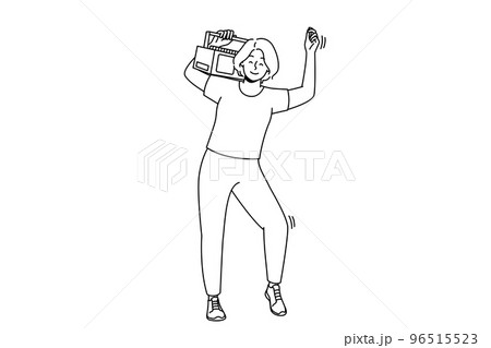 Overjoyed woman dance with stereo on shoulder  96515523