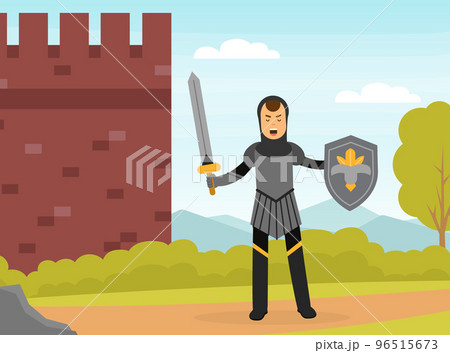 Medieval knight in armour standing with sword and shield in front of stone fortress cartoon vector 96515673