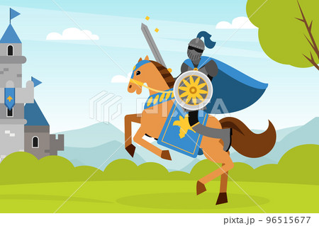 Medieval knight in armour riding horse. Warrior fighting with shield and sword cartoon vector Medieval knight in armour riding horse. Warrior fighting with shield and sword cartoon vector 96515677