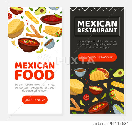 Mexican food mobile app templates set. Mexican traditional food cafe, restaurant, bar, delivery service landing page, website cartoon vector Mexican food mobile app templates set. Mexican traditional food cafe, restaurant, bar, delivery service landing page, website cartoon vector 96515684