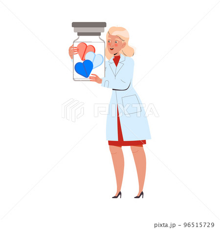 Blond Woman Doctor or Practitioner in Uniform Holding Glass Jar with Heart Pills and Tablets Vector Illustration 96515729