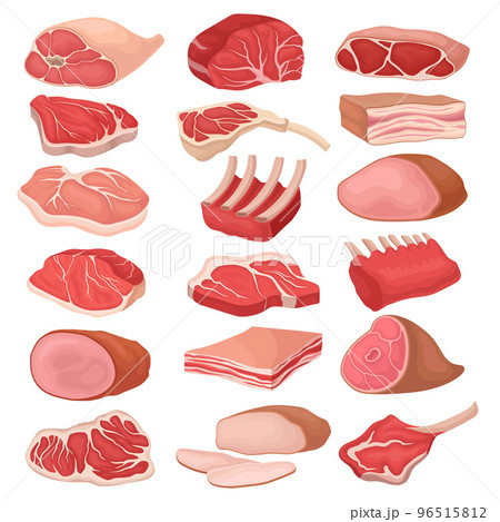 Meat Product with Beef Steak, Rib, Lard and Ham for Cooking and Eating Big Vector Set 96515812