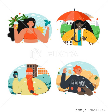 People in various weather condition scene set 96516535