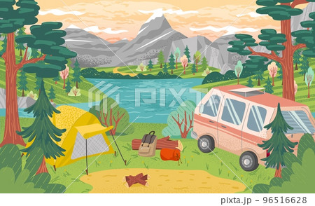 Camping site with tent, bonfire and camper van with mountain and lake landscape on background. Summer camp vacation vector illustration. Adventure, nature, campfire 96516628