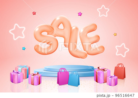 3d sale banner on pink background concept vector illustration. Sale symbol flying over podium with shopping bags and gift box around. Online shop promotion 3d template 96516647