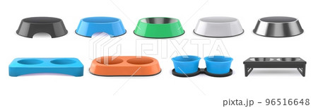 Realistic 3d pet bowls set on isolated background vector illustration. Cat and dog bowls mockup with different colors 96516648