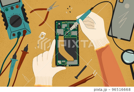 Mobile phone repair concept vector illustration. Man fix broken mobile phone. Maintenance and smartphone service. Man using soldering iron to repair phone 96516668