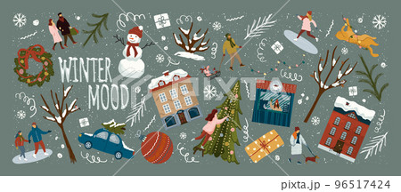 Christmas and new year season greeting card and background template. Winter holiday vector illustration. 2021 new year hand drawn poster. Christmas tree and toys, people, city buildings, snowman 96517424