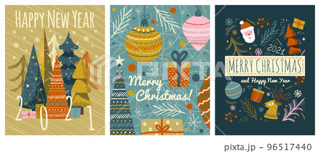 Merry christmas and happy new year greeting cards template. Vector set of winter holiday illustrations in vintage style. Christmas tree and toys, santa claus. 2021 new year hand drawn poster 96517440