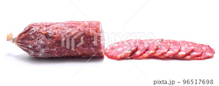 Sliced Smoked dry Salami sausage isolated on white background 96517698