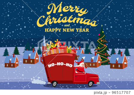 Merry Chistmas Poster Santa Claus drives an old retro car, truck 96517707