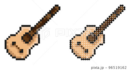 Pixel icon. Classical six string guitar, musical instrument. Learning to play guitar. Simple retro game vector isolated on white background 96519162
