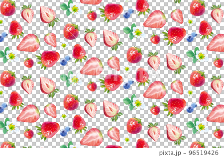 Watercolor illustration of strawberries and blueberries. Seamless pattern with leaves, flowers and fruits Watercolor illustration of strawberries and blueberries. Seamless pattern with leaves, flowers and fruits 96519426