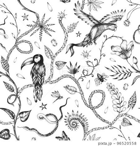Beautiful vector trendy seamless pattern with hand drawn chimera animals birds insects and fantasy plants. Stock fashionable textile illustration. Beautiful vector trendy seamless pattern with hand drawn chimera animals birds insects and fantasy plants. Stock fashionable textile illustration. 96520558