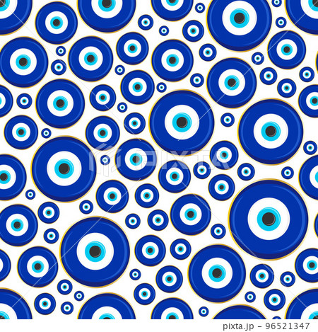 Evil eye ethnic pattern. Mystic greek blue amulet. Turkish traditional print. Symbol of protection. Vector seamless background. 96521347