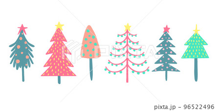 Collection of Christmas decorations, holiday gifts, winter knitted woolen clothes, ginger bread, trees, gifts and penguin. Colorful vector illustration in flat cartoon style 96522496