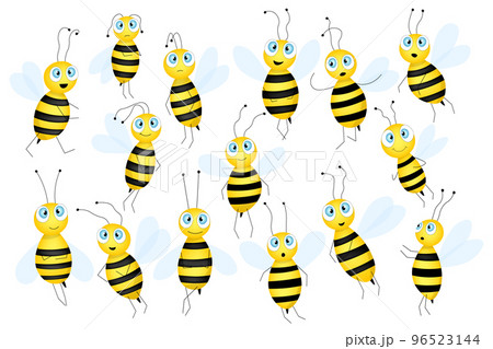 Big set of cartoon cute bee mascot. A small bees flies. Wasp collection. Vector character. Insect icon. Template design for invitation, cards, wallpaper, kindergarten. Doodle style. 96523144