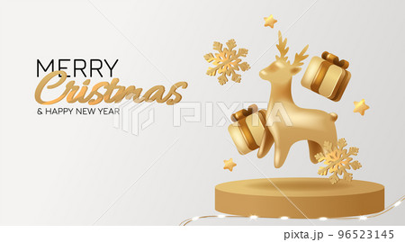 Merry Christmas and New Year background. Xmas gold tree and gold Deer, golden gifts box and snowflake. Realistic 3d decorative design objects. 96523145