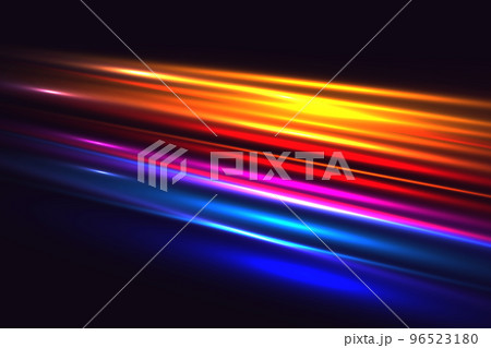 Colorful light trails with motion effect. Geometric and dynamic, trendy layout for racing club or sport competition, event poster. Futuristic and motion, race and linear 96523180