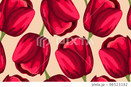 Spring colorful vector illustration with red tulips. Cartoon style. Design for fabric, textile, paper. Holiday print for Easter, Birthday, 8 march. Flowers with leaves 96523182