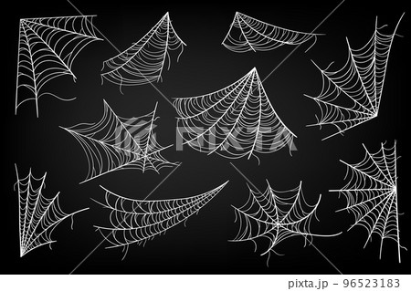Collection of Cobweb, isolated on black, transparent background. Spiderweb for Halloween design. Spooky Halloween cobwebs with spiders. 96523183